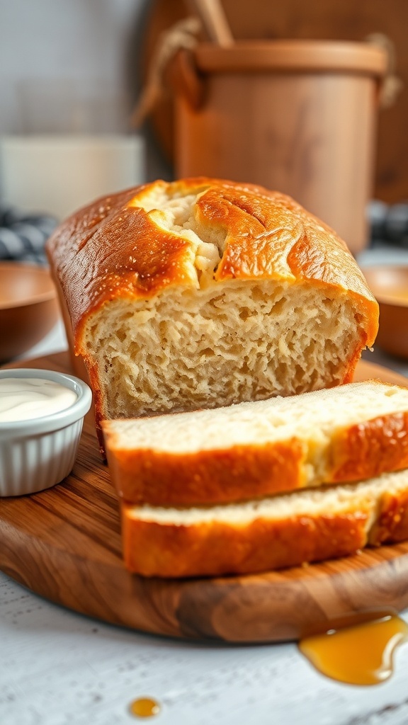 A golden brown loaf of yogurt bread sliced on a wooden board, with yogurt and honey in the background.